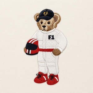 Teddy bear Formula 1 racing pilot, 3 sizes, machine embroidery designs