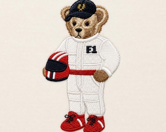 Teddy bear Formula 1 racing pilot, 3 sizes, machine embroidery designs