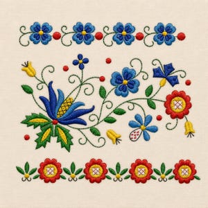Borde de 3 flores, estilo polaco, 4 tamaños, diseños para bordado a máquina.