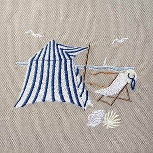 Escena de playa de cabaña francesa, cabaña de playa, concha, costa, 5 tamaños, diseños de bordado a máquina
