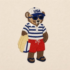 Teddybeer in preppy strandstijl, Cape Cod zomerstijl, 3 maten, machineborduurontwerpen