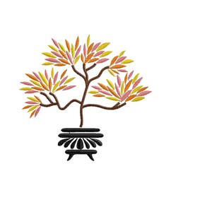 May include: An embroidered design of a bonsai tree with a brown trunk and yellow, orange, and pink leaves. The tree is in a black pot with a white background.