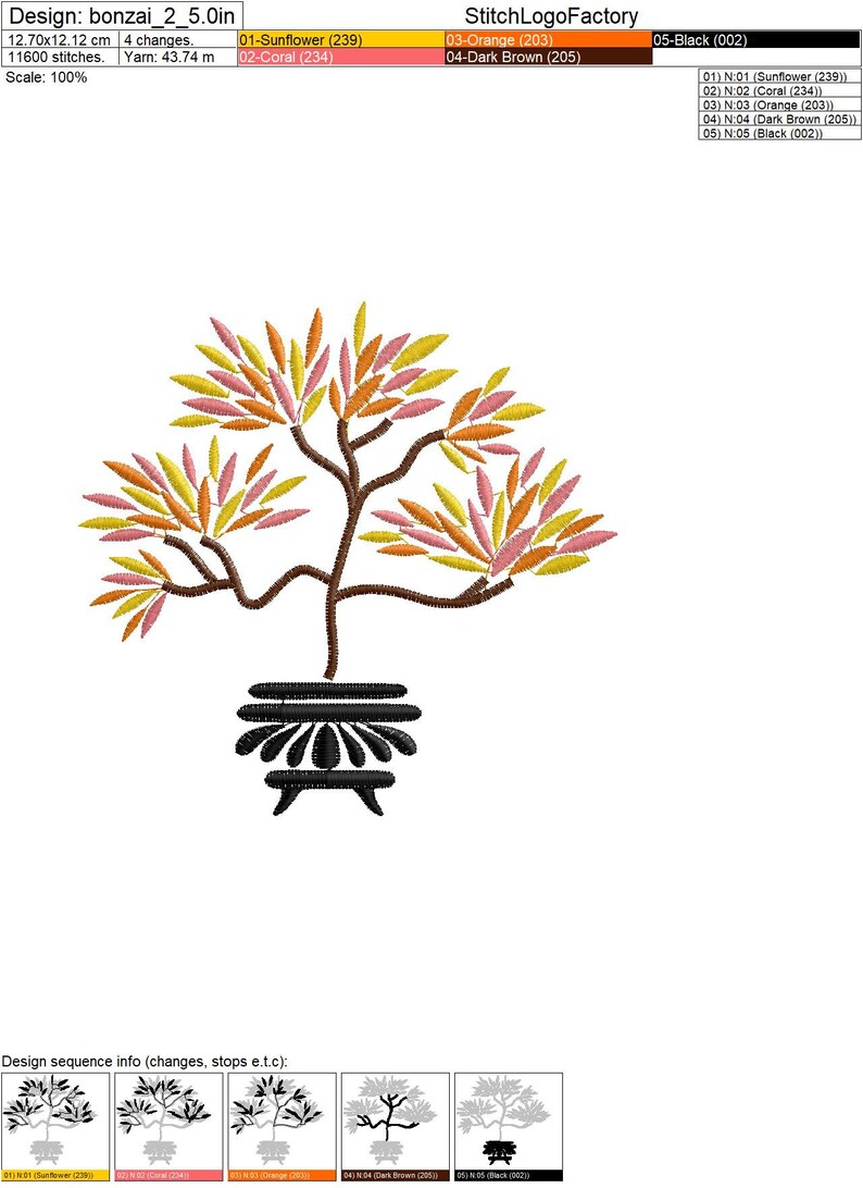 May include: An embroidered design of a bonsai tree with a brown trunk and yellow, orange, and pink leaves. The tree is in a black pot with a white background.
