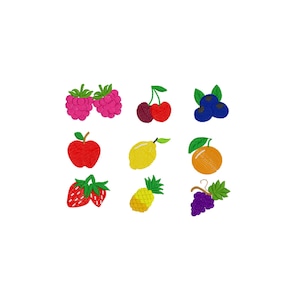 Bundle of 9 minifruits, (raspberry, grape, cherry, blueberry, pineapple) machine embroidery designs 8 sizes each instant download