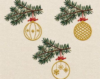 set of 3 Christmas baubles on fir branch, 4 sizes each, machine embroidery designs