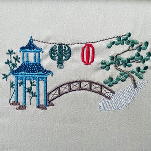 Japanese Pagoda and Bridge, 4 sizes machine embroidery designs instant download