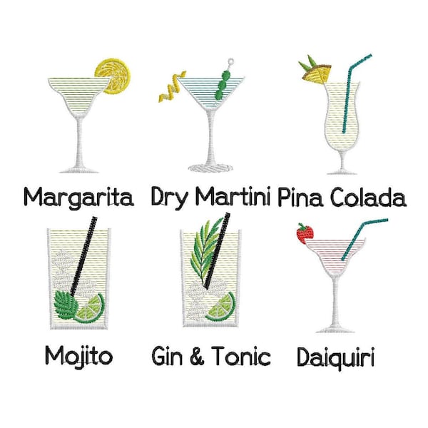 lot de 6 cocktails, motifs de broderie machine, téléchargement immédiat de 4 tailles, daiquiri, gin tonic, margarita, mojito, martini sec