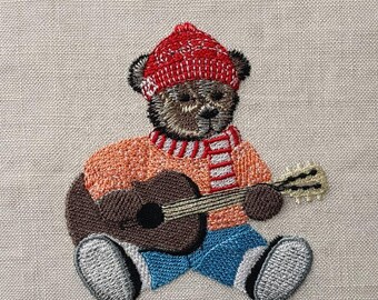 Osito de peluche tocando la guitarra, 3 tamaños, diseños de bordado a máquina