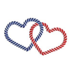 May include: Two intertwined hearts made of rope, one blue and one red.
