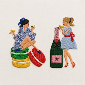 set of 2 girls with champagne macaron, 3 sizes each, machine embroidery designs
