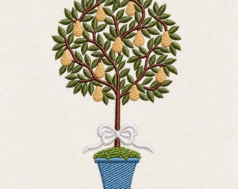 Pear tree topiary, Potted Botanical Tree with Bow 4 sizes, machine embroidery designs