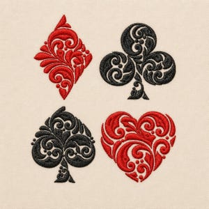 Motifs de broderie machine pour cartes à jouer ornementales : Cœur, Trèfle, Pique, Carreau, 5 tailles pour chaque couleur.