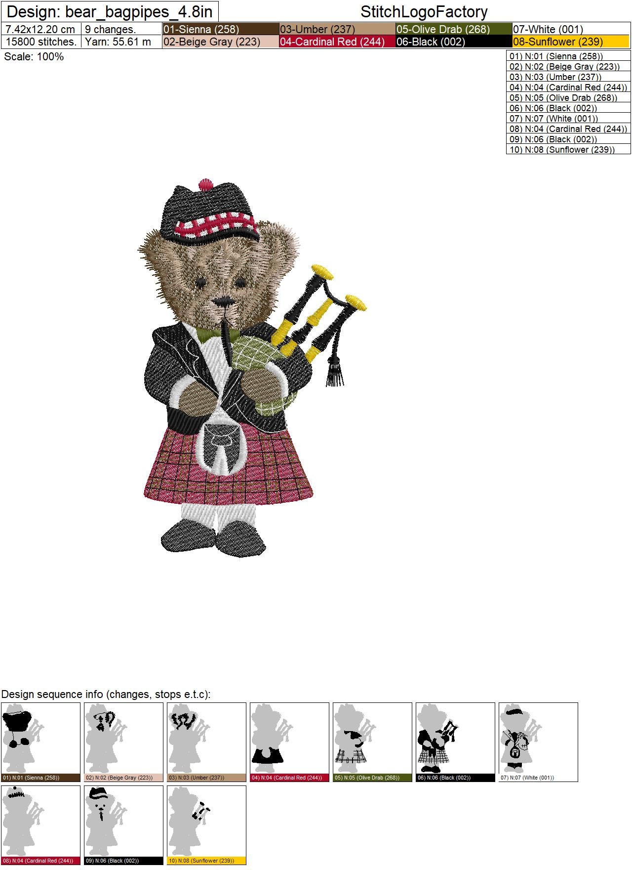 Teddy Bear Scottish Wearing Kilt Playing Bagpipes, 3 Sizes, Machine ...