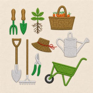 set of 10 gardening tools, rake, spade, 3 sizes each, machine embroidery designs