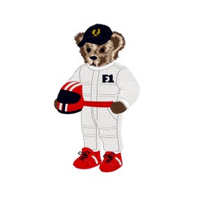 May include: Embroidered teddy bear in a white racing suit with "E1" on it, a black cap with a gold emblem, and red shoes. The bear holds a red and black racing helmet. The image is set against a white background.