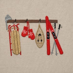 Winter Ski Lodge, Suporte para equipamentos rústico, 3 tamanhos, designs de bordado à máquina