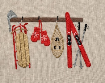 Winter Ski Lodge, Rustic Gear Rack, 3 sizes, machine embroidery designs