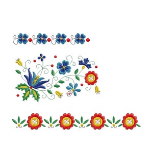 3 Blumen Borte, polnischen Stil, 4 Größen Stickdatei