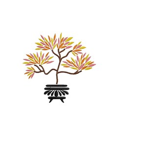 May include: Embroidered design of a bonsai tree with orange, yellow, and pink leaves in a black pot. The design is 4 inches wide and uses 9400 stitches.