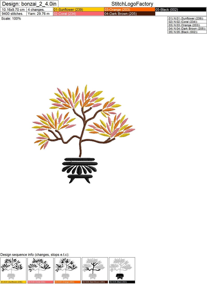 May include: Embroidered design of a bonsai tree with orange, yellow, and pink leaves in a black pot. The design is 4 inches wide and uses 9400 stitches.