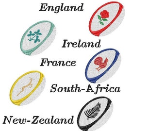 Bündel von MiniRugbybällen (England, Südafrika, Frankreich, Irland, Nzl), je 4 Größen, Stickdatei