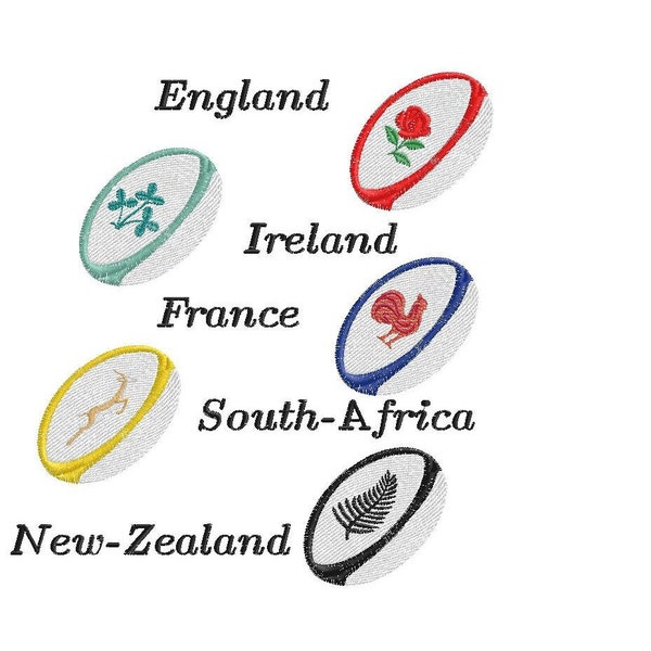 Mini ballon de Rugby (France, NZL, Angleterre, Irlande, Afrique du sud), 4 tailles chacun, Fichiers de broderie, Téléchargement immédiat