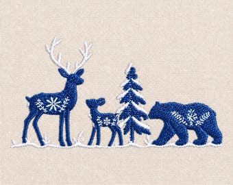 Winter Woodland Animals Deer, Fawn, Bear, Snowy Forest, 3 sizes each, machine embroidery designs