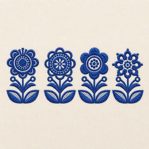 4 Folk Flowers, Scandinavian style, 4 sizes each, machine embroidery designs