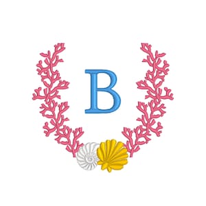 May include: A blue letter "B" is centered, surrounded by a coral reef design in pink. Two seashells, one white and one yellow, are at the bottom. The design is on a white background.