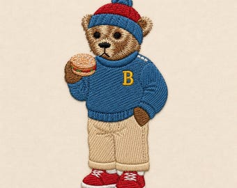 Teddy bear eating a bagel, 3 sizes, machine embroidery designs
