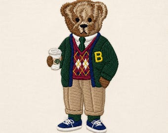Teddy Bear with Coffee Cup, Collegiate, Preppy style, 3 sizes, machine embroidery designs