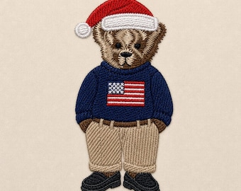 Teddy Bear, American Flag Christmas hat, 3 sizes, machine embroidery designs