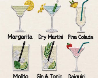 set of 6 cocktails, gin, margarita, mojito, martini, 4 sizes each, machine embroidery designs