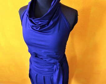 Maxi dress Greek goddess royal blue high fall collar backless one size