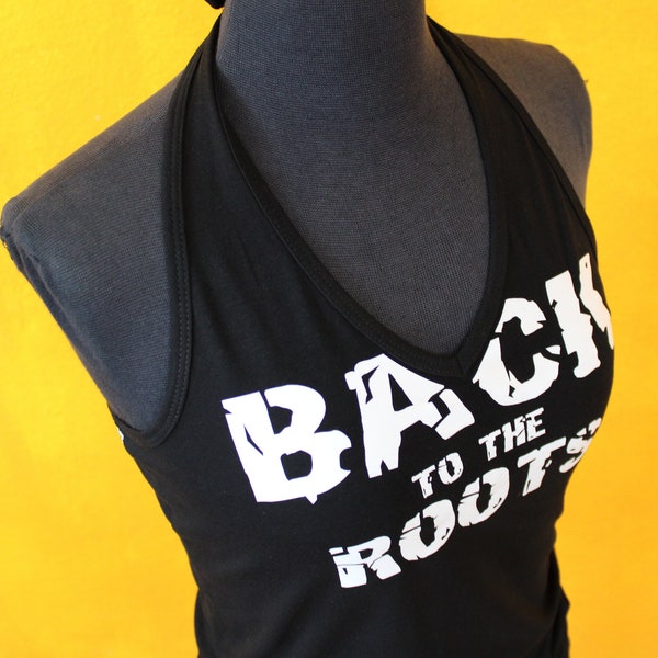 Neckholder top black v-neck with print back to the roots Gr. M