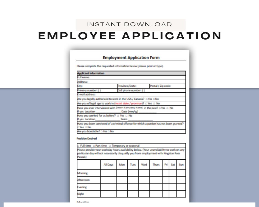 Employee Application | Interview Template | Human Resources Template | Editable in MS Word, PDF, and Canva | Human Resources Form
