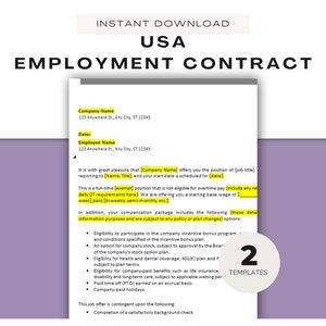 Contrato de trabajo para EE. UU. ǀ Carta de oferta ǀ Incorporación de empleados ǀ Formularios de recursos humanos ǀ Papeleo de nuevas contrataciones ǀ Incorporación de empleados