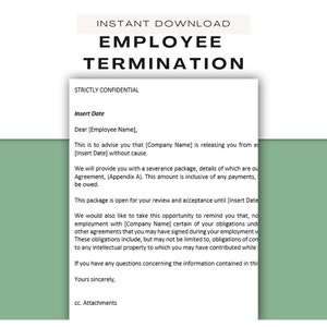 May include: A black and white document with the title "Employee Termination" and the text "Strictly Confidential". The document is a template for an employee termination letter.