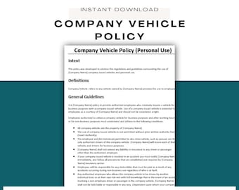 May include: A black and white document with the title "Company Vehicle Policy (Personal Use)". The document outlines the regulations and guidelines for using company vehicles for personal use. It includes sections on intent, definitions, and general guidelines.