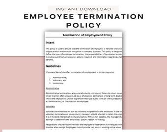 May include: A black and white document with the title "Employee Termination Policy". The document outlines the different types of employee termination, including administrative, voluntary, and involuntary.