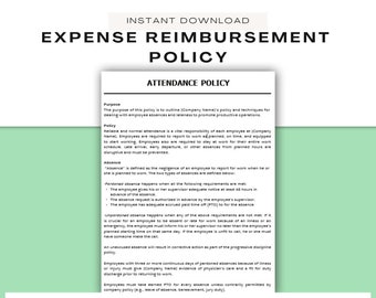 May include: A black and white document outlining an attendance policy for employees. The document includes sections on purpose, policy, absence, and excused absences. The document also mentions the importance of reliable and normal attendance for employees.