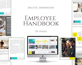 May include: A digital download of an employee handbook with a table of contents, 30 pages, and a computer screen preview. The handbook is designed with a yellow and blue color scheme.
