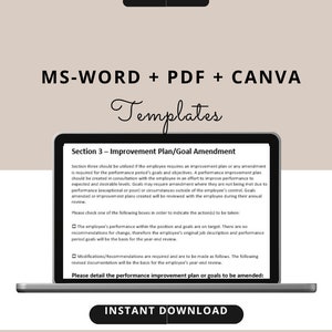 May include: A black laptop computer screen displays a performance improvement plan template. The template is titled "Section 3 - Improvement Plan/Goal Amendment" and includes checkboxes for different options. The text "Please detail the performance improvement plan or goals to be amended:" is at the bottom of the screen. The laptop is on a light brown background.