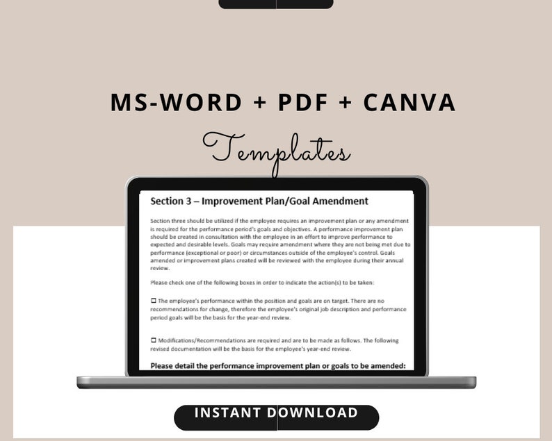 May include: A black laptop computer screen displays a performance improvement plan template. The template is titled "Section 3 - Improvement Plan/Goal Amendment" and includes checkboxes for different options. The text "Please detail the performance improvement plan or goals to be amended:" is at the bottom of the screen. The laptop is on a light brown background.