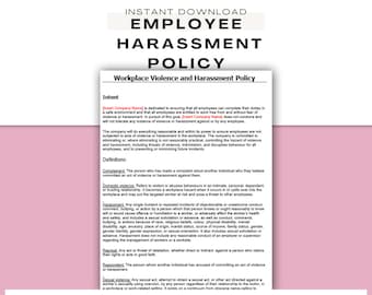 May include: A document titled "Employee Harassment Policy" with the text "Workplace Violence and Harassment Policy." The document includes definitions of terms like "Complainant" and "Harassment." The background is a light pink color.