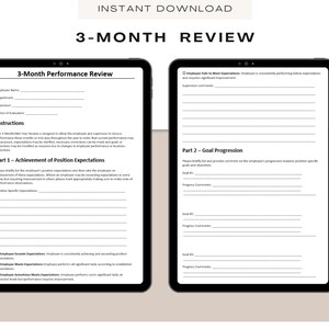 May include: A printable 3-month performance review template for employees. The template includes sections for employee information, instructions, achievement of position expectations, and goal progression.