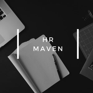 May include: A black and white image of a laptop, a notebook, a pen, and a cutting mat. The text "HR MAVEN" is written in white on a black background.