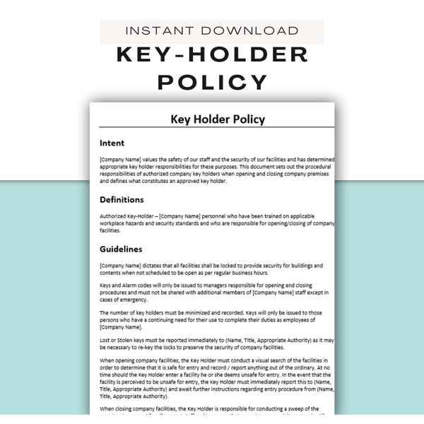 Key Holder Policy ǀ New Hire Paperwork ǀ Human Resources Forms ǀ HR Templates ǀ Employee Onboarding ǀ Welcome Packet