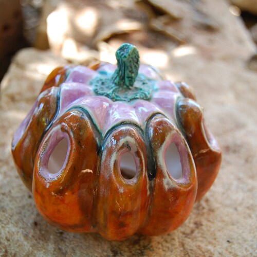 2 Glazed Ceramic Pumpkin Set Home offers Decorative Luxury Tea Light Holder Gift, Candle Holder