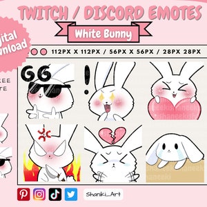 Cute Kawaii Chibi Funny White Fluffy Bunny Emotes Set For Twitch, Discord, Youtube, Stream Emote